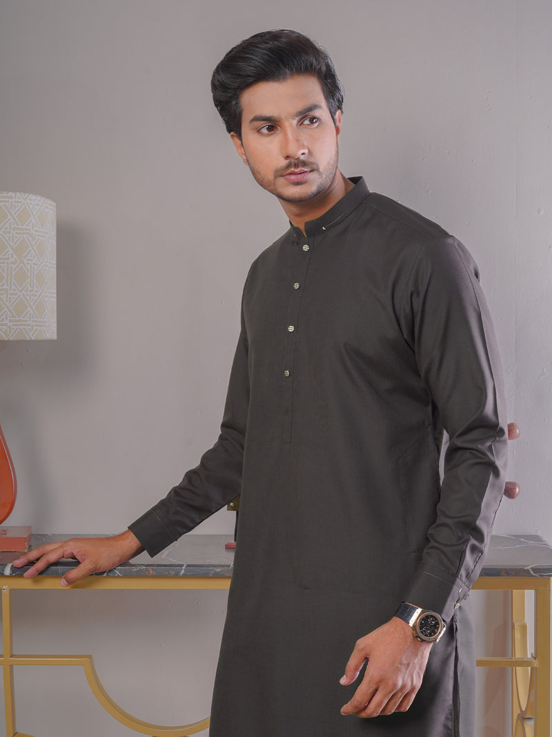 Dark Brown Self Exclusive Range Ban Collar Designer Kurta Pajama (SK-396)