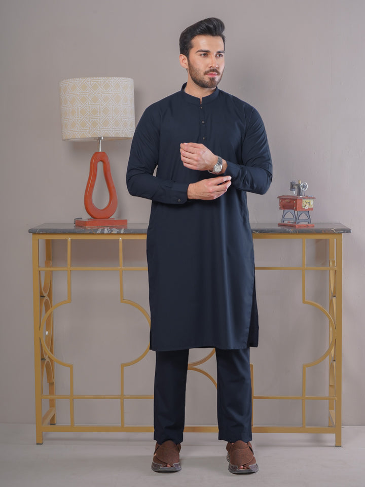 Navy Blue Self Exclusive Range Ban Collar Designer Kurta Pajama (SK-405)