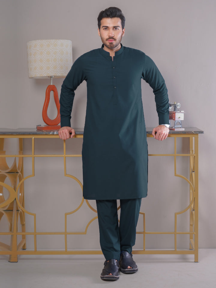 Dark Turquoise Self Exclusive Range Ban Collar Designer Kurta Pajama (SK-407)