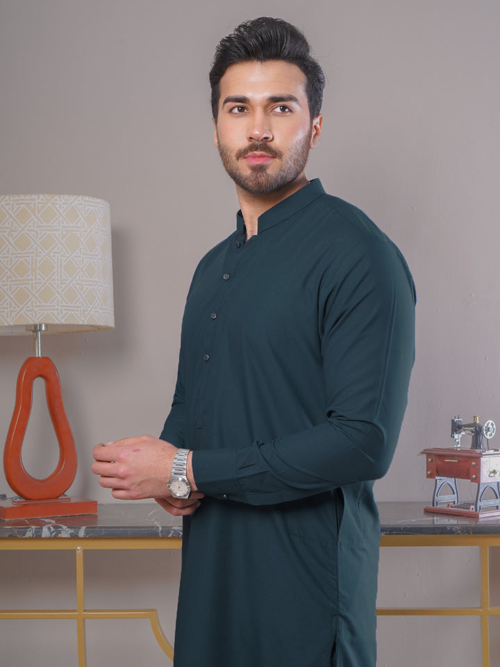 Dark Turquoise Self Exclusive Range Ban Collar Designer Kurta Pajama (SK-407)