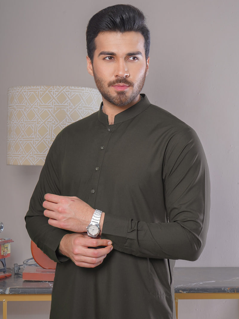 Dark Brown Self Exclusive Range Ban Collar Designer Kurta Pajama (SK-409)