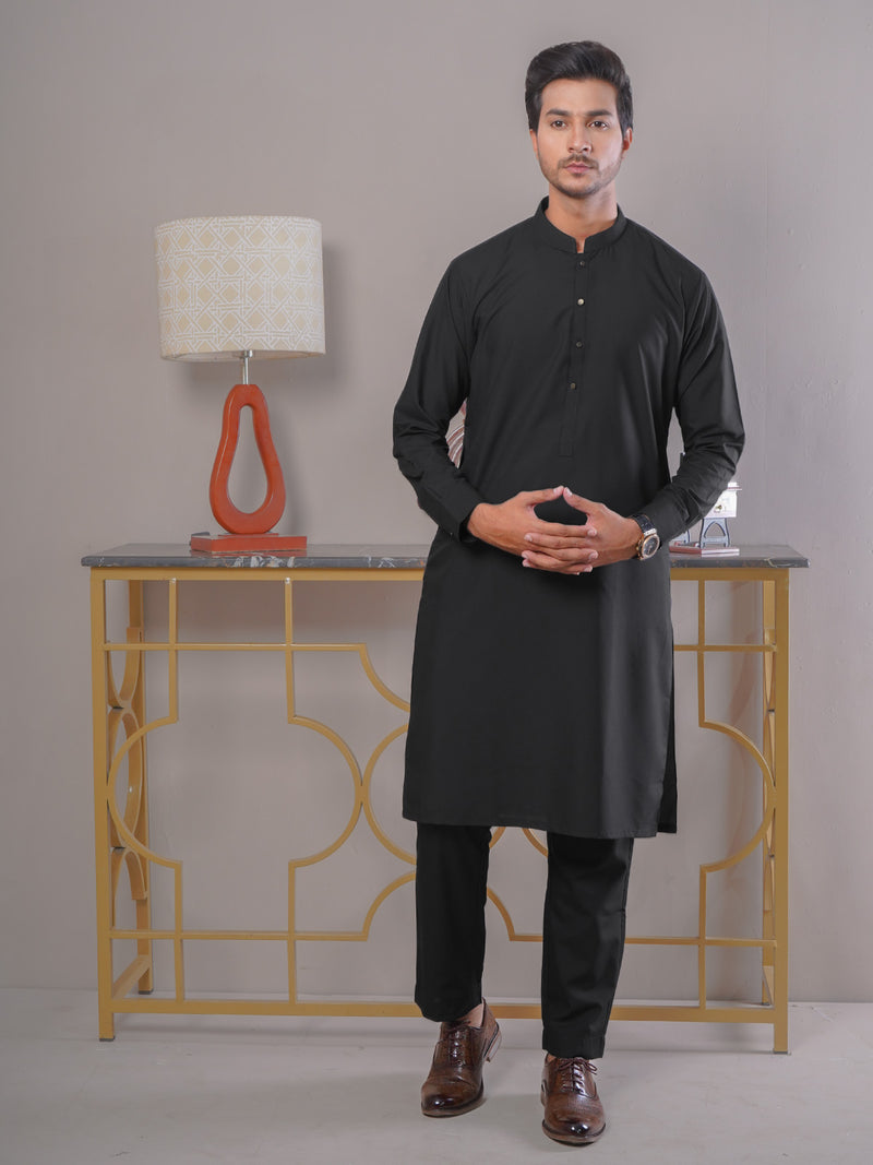 Black Plain Exclusive Range Ban Collar Designer Kurta Pajama (SK-410)