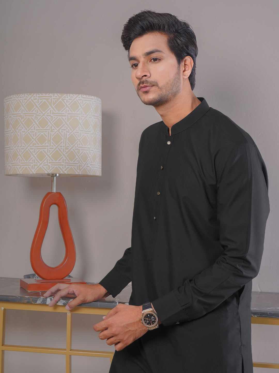 Black Plain Exclusive Range Ban Collar Designer Kurta Pajama (SK-410)