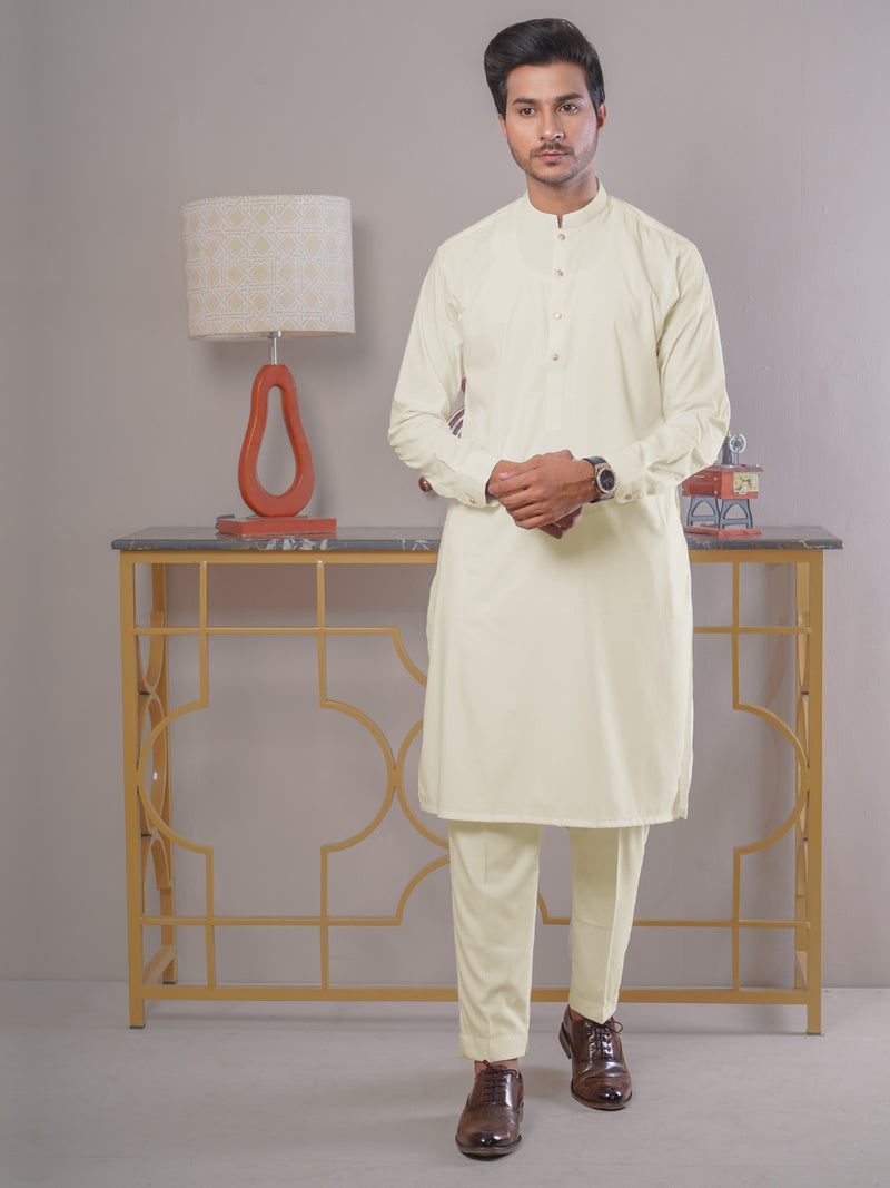 Cream Plain Exclusive Range Ban Collar Designer Kurta Pajama (SK-417)