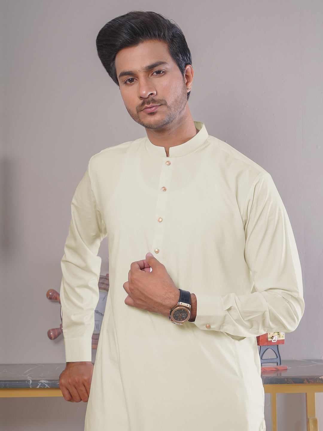 Cream Plain Exclusive Range Ban Collar Designer Kurta Pajama (SK-417)