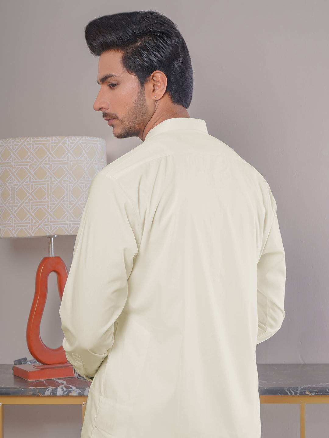 Cream Plain Exclusive Range Ban Collar Designer Kurta Pajama (SK-417)