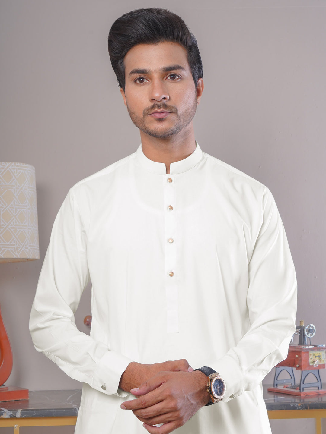 Off White Plain Exclusive Range Ban Collar Designer Kurta Pajama (SK-420)