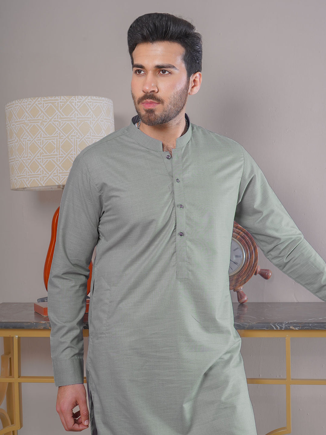 Light Green Self Exclusive Range Ban Collar Designer Kurta Pajama (SK-430)