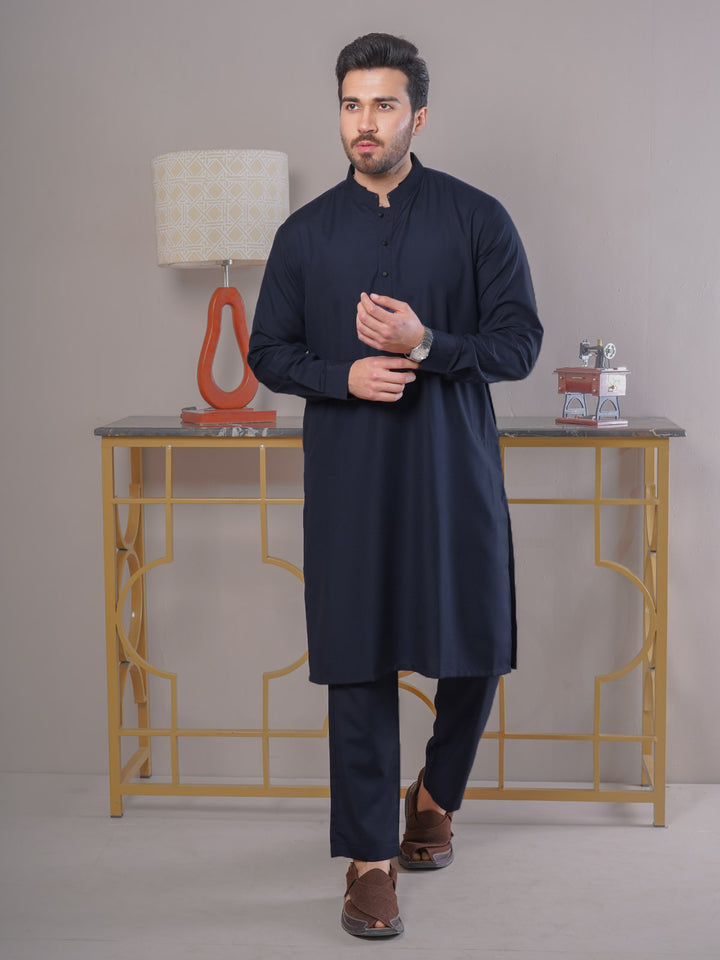 Navy Blue Plain Exclusive Range Ban Collar Designer Kurta Pajama (SK-431)