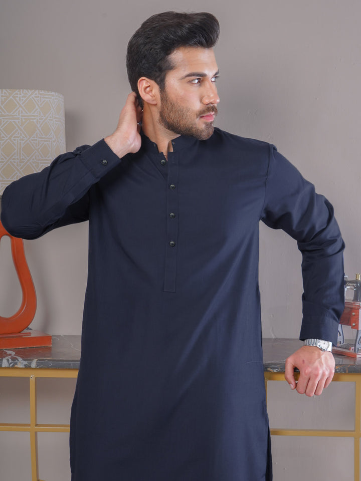 Navy Blue Plain Exclusive Range Ban Collar Designer Kurta Pajama (SK-431)