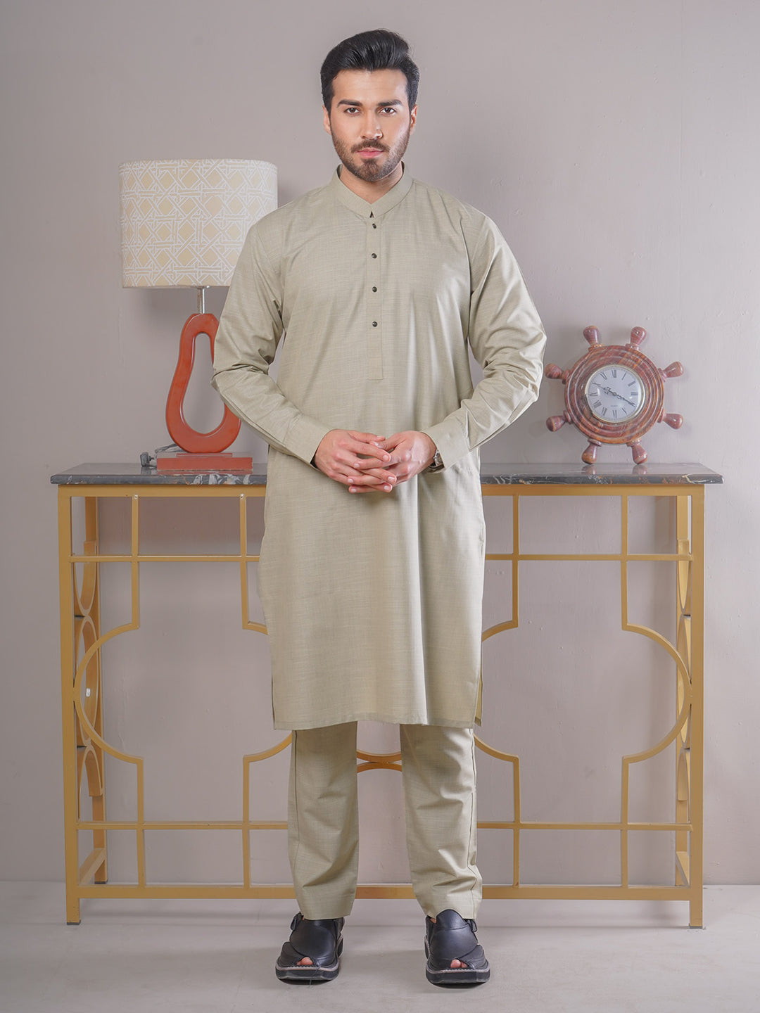 Wheat Self Exclusive Range Ban Collar Designer Kurta Pajama (SK-432)