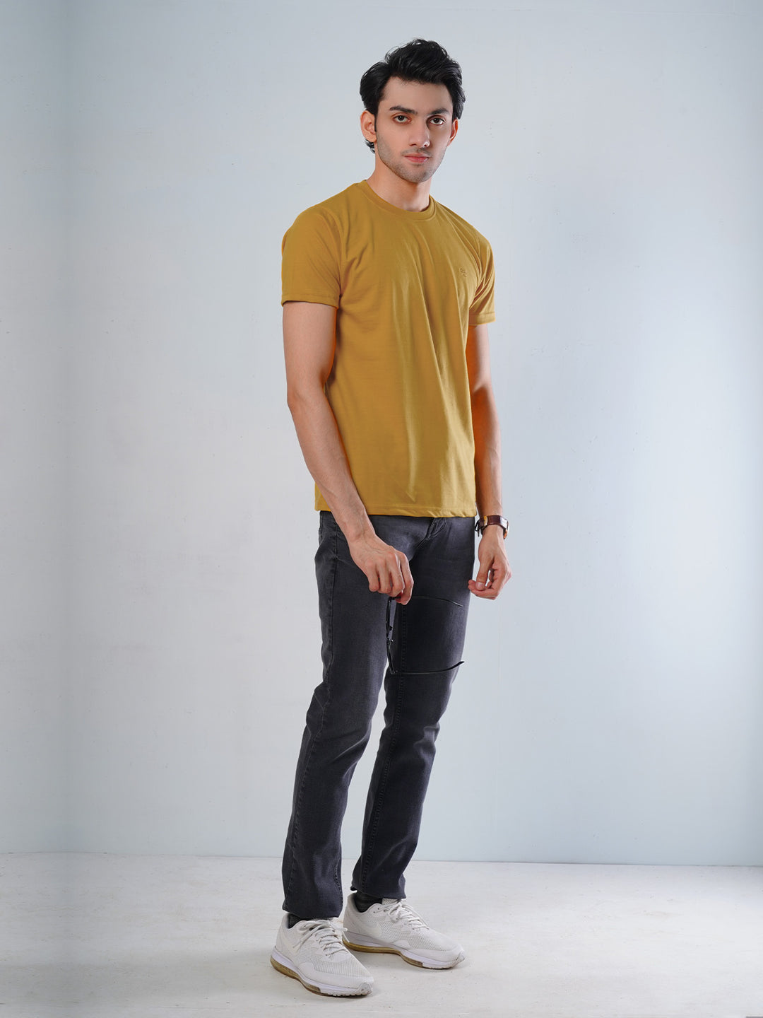 Mustard Plain Half Sleeves Men’s Round Neck T-Shirt (TEE-101)