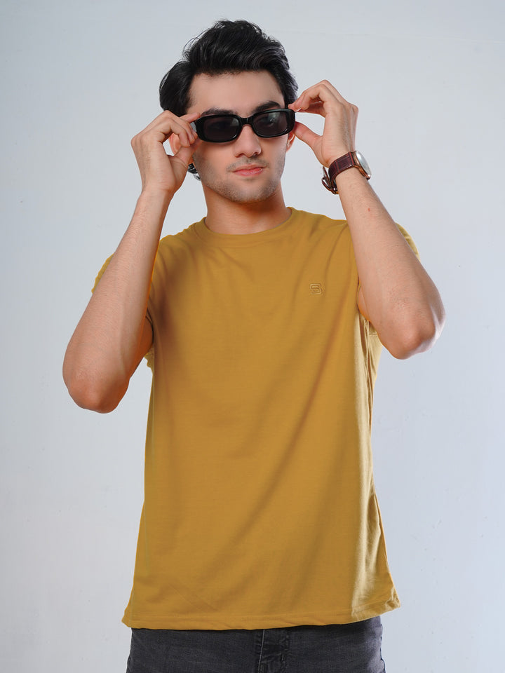 Mustard Plain Half Sleeves Men’s Round Neck T-Shirt (TEE-101)