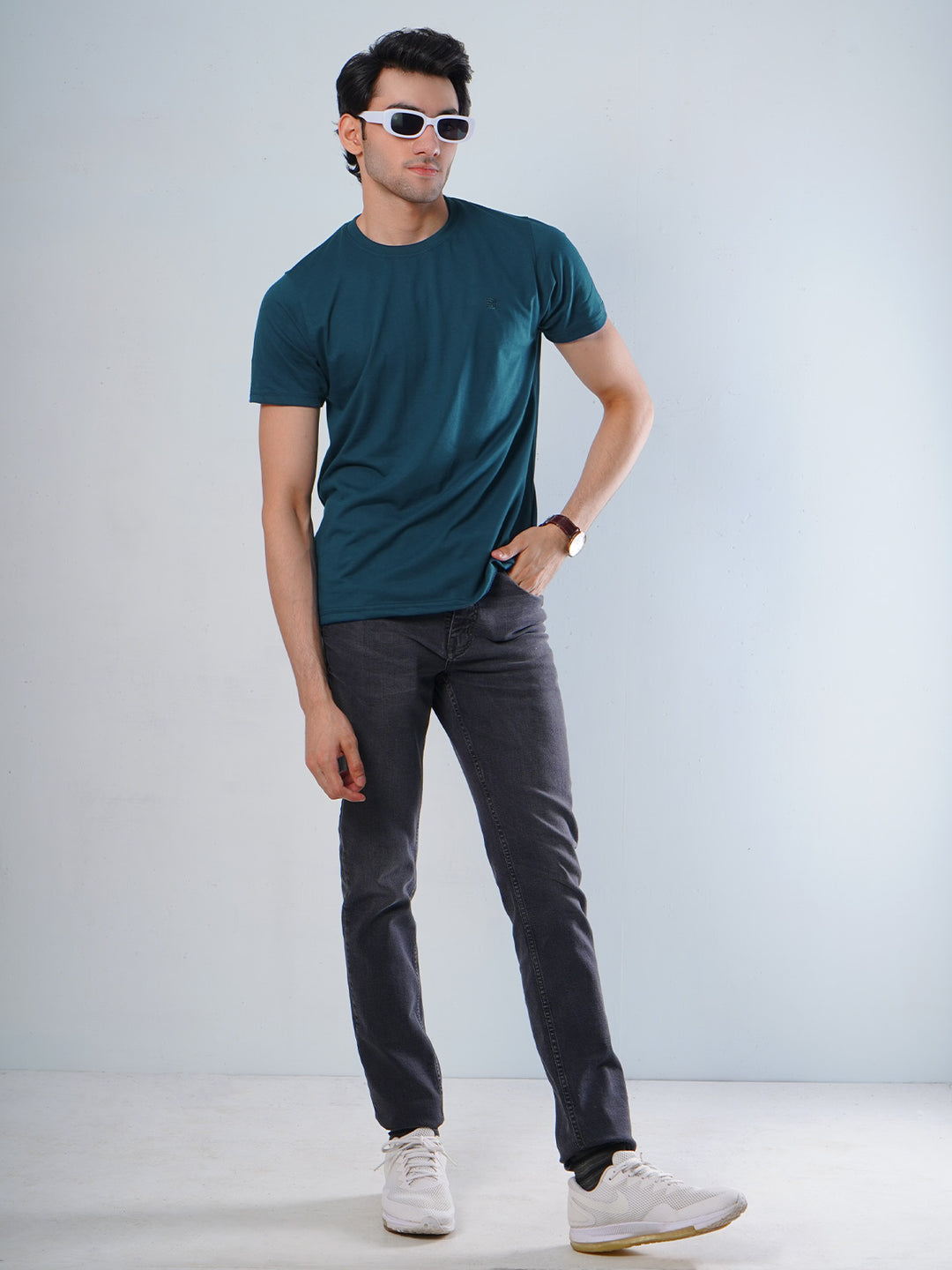 Dark Turquoise Plain Half Sleeves Men’s Round Neck T-Shirt (TEE-110)