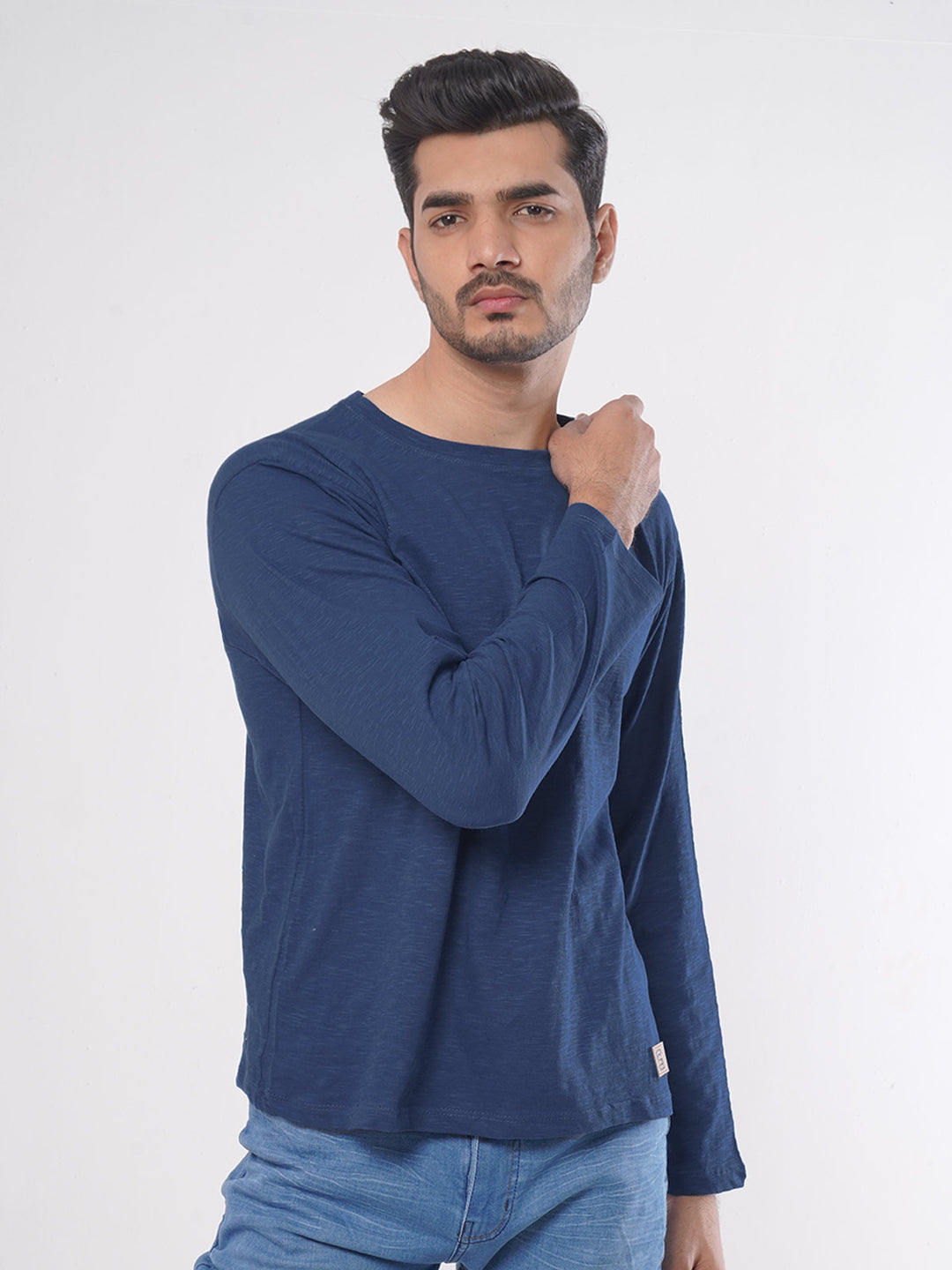 Turquoise Self Full Sleeves Men’s Round Neck T-Shirt (TEE-72)