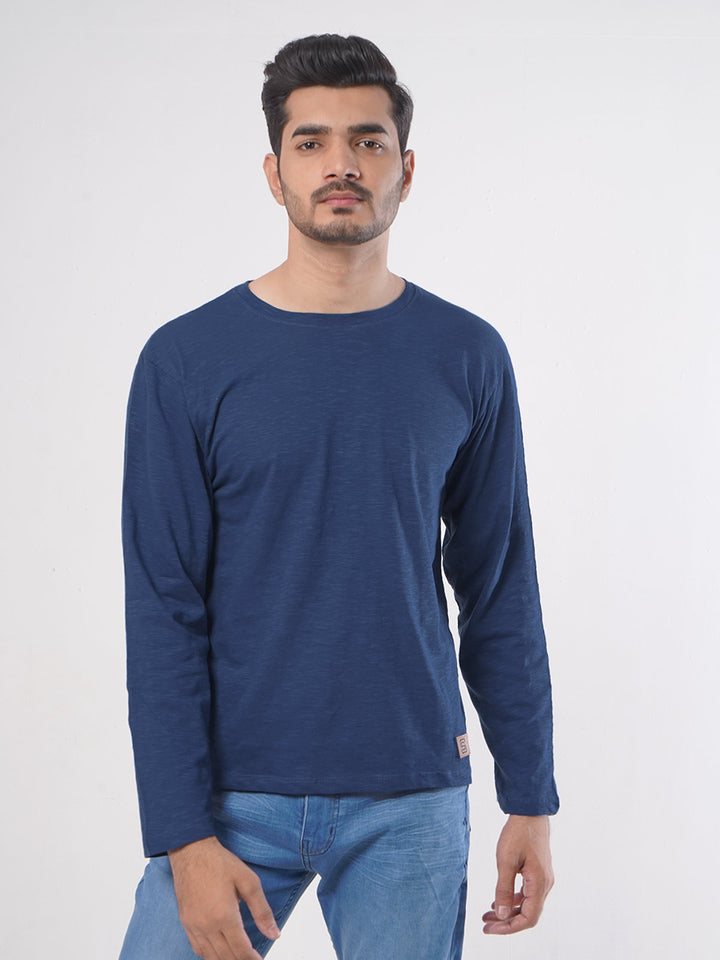 Turquoise Self Full Sleeves Men’s Round Neck T-Shirt (TEE-72)