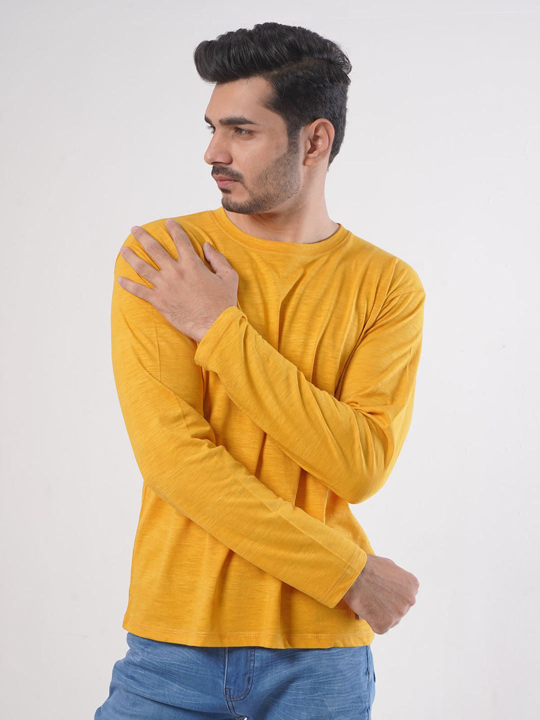 Yellow Self Full Sleeves Men’s Round Neck T-Shirt (TEE-73)