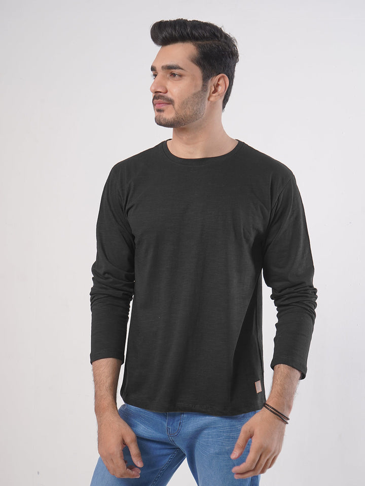 Black Plain Full Sleeves Men’s Round Neck T-Shirt (TEE-74)