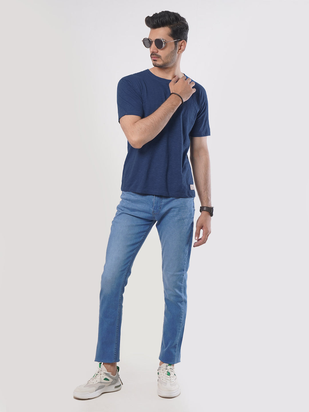 Dark Blue Self Half Sleeves Men’s Round Neck T-Shirt (TEE-75)