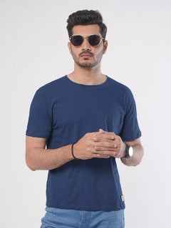 Dark Blue Self Half Sleeves Men’s Round Neck T-Shirt (TEE-75)