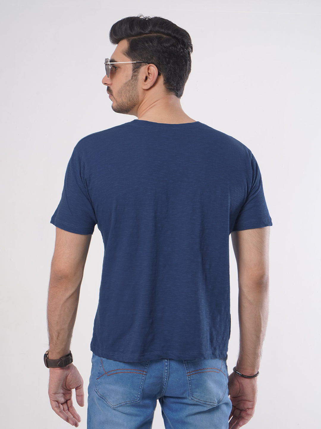 Dark Blue Self Half Sleeves Men’s Round Neck T-Shirt (TEE-75)