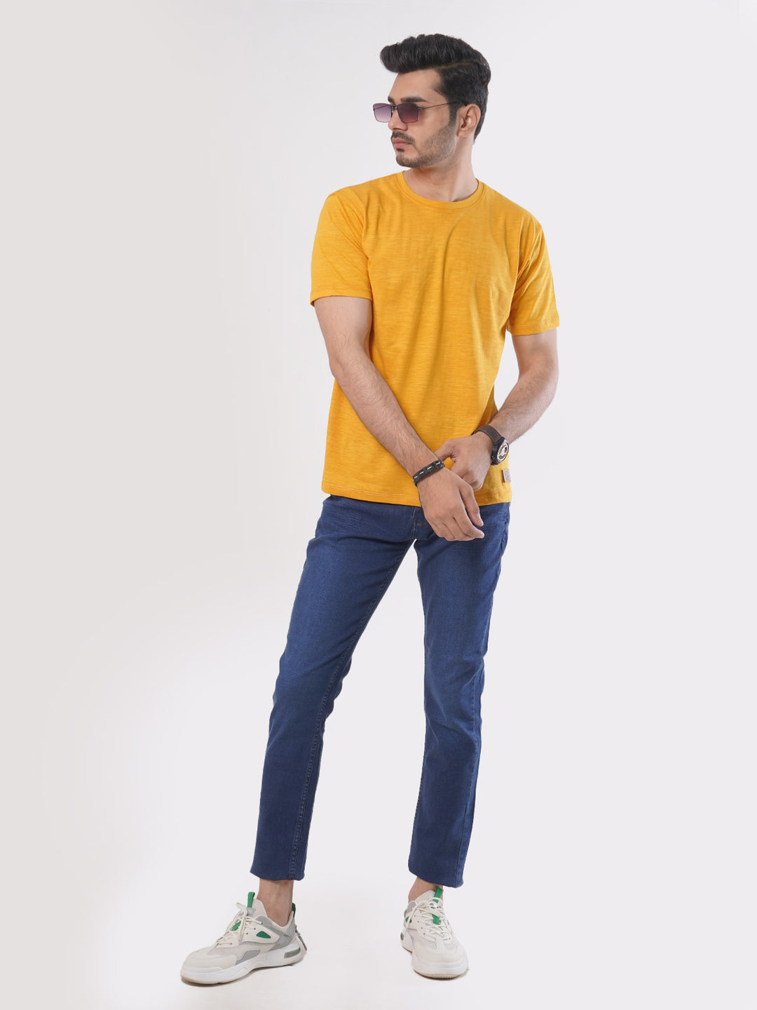 Yellow Self Half Sleeves Men’s Round Neck T-Shirt (TEE-76)