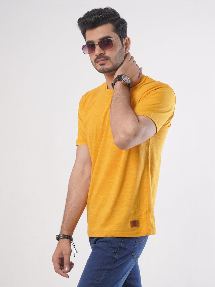 Yellow Self Half Sleeves Men’s Round Neck T-Shirt (TEE-76)