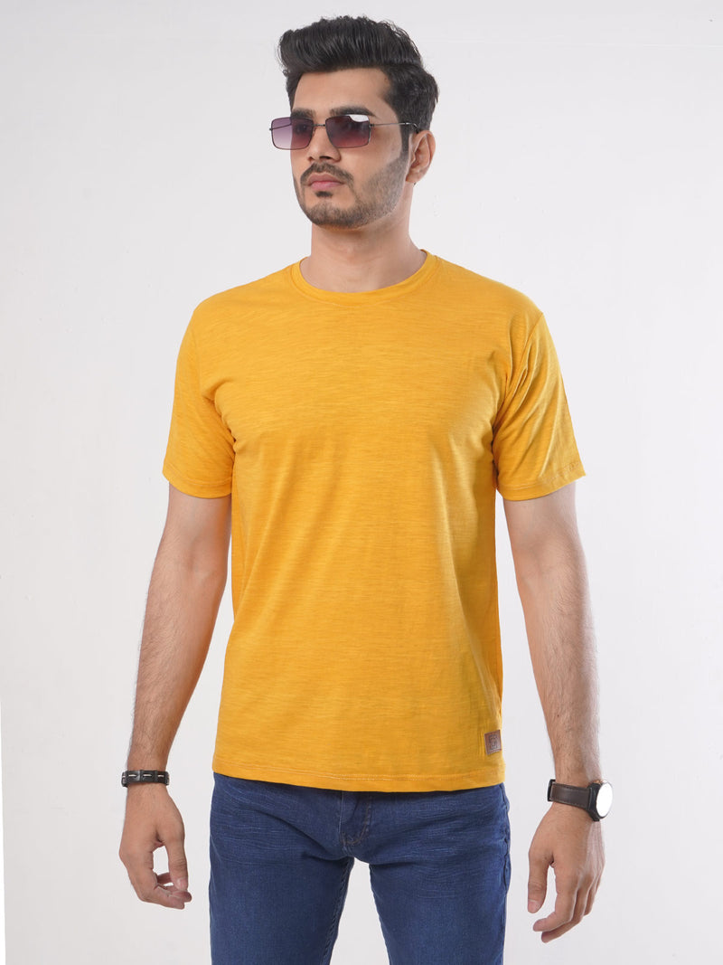 Yellow Self Half Sleeves Men’s Round Neck T-Shirt (TEE-76)