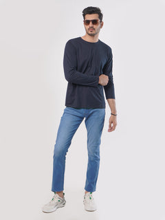 Navy Blue Plain Full Sleeves Men’s Round Neck T-Shirt (TEE-78)