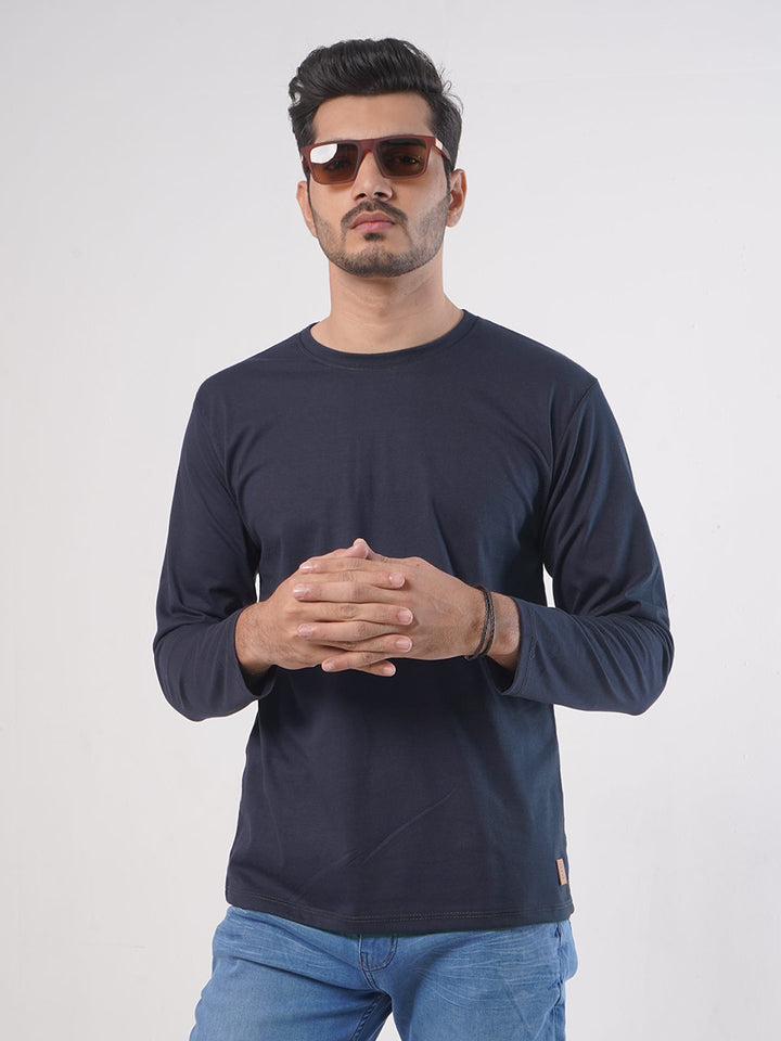 Navy Blue Plain Full Sleeves Men’s Round Neck T-Shirt (TEE-78)