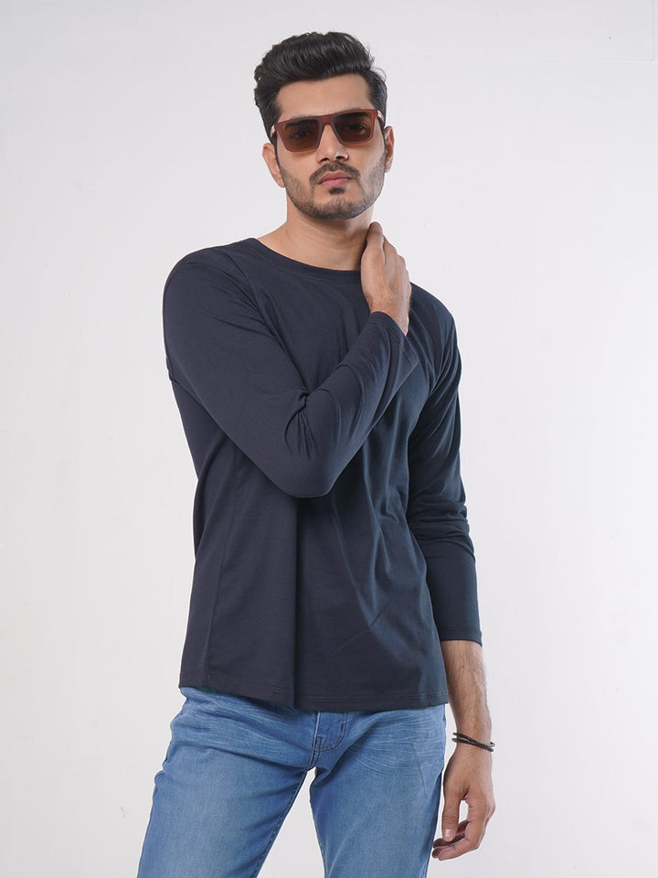 Navy Blue Plain Full Sleeves Men’s Round Neck T-Shirt (TEE-78)