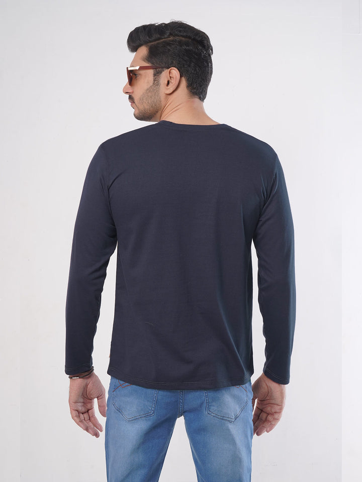 Navy Blue Plain Full Sleeves Men’s Round Neck T-Shirt (TEE-78)