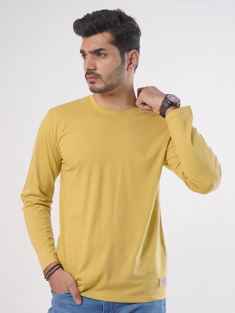 Mustard Plain Full Sleeves Men’s Round Neck T-Shirt (TEE-80)