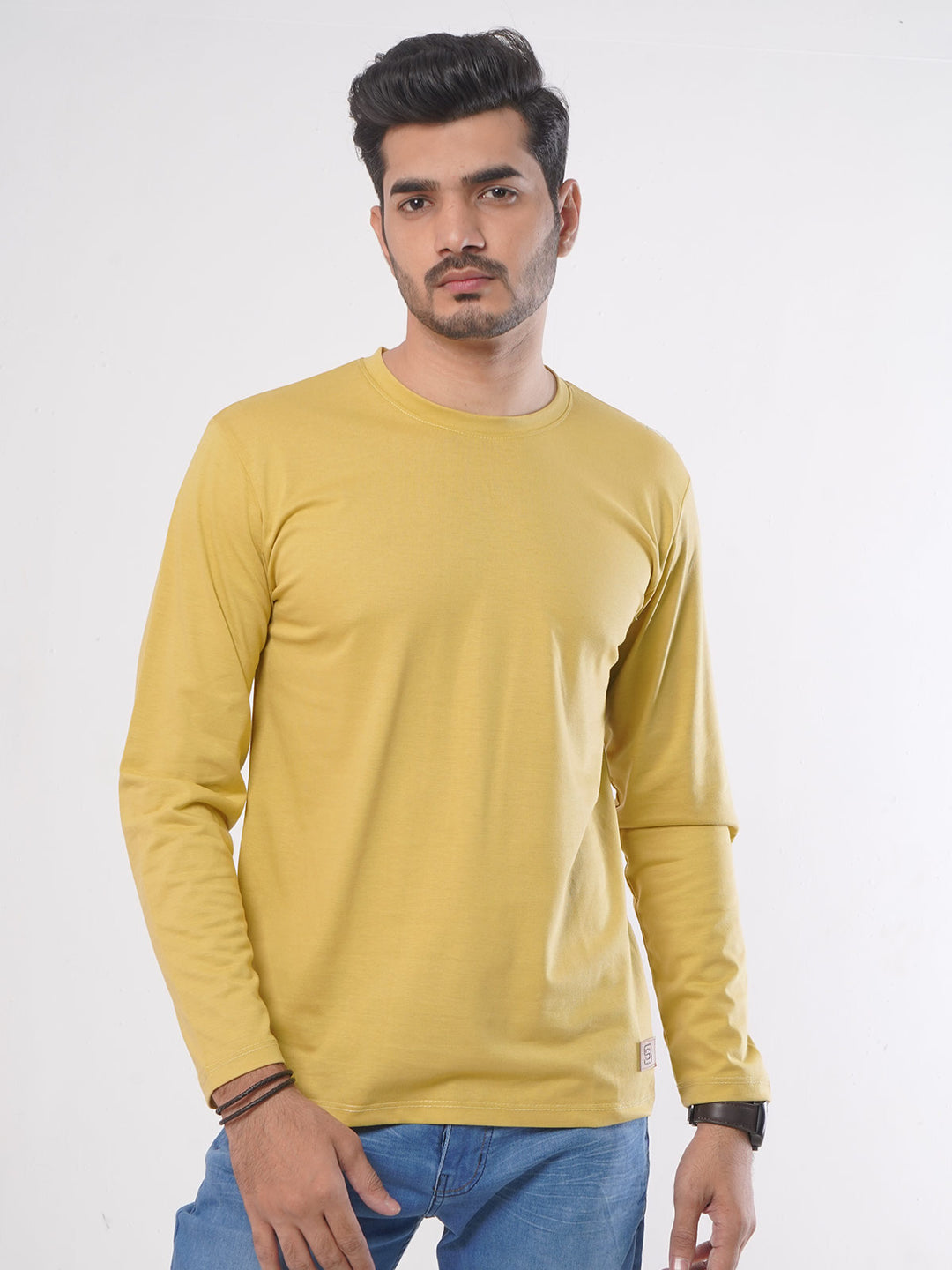 Mustard Plain Full Sleeves Men’s Round Neck T-Shirt (TEE-80)