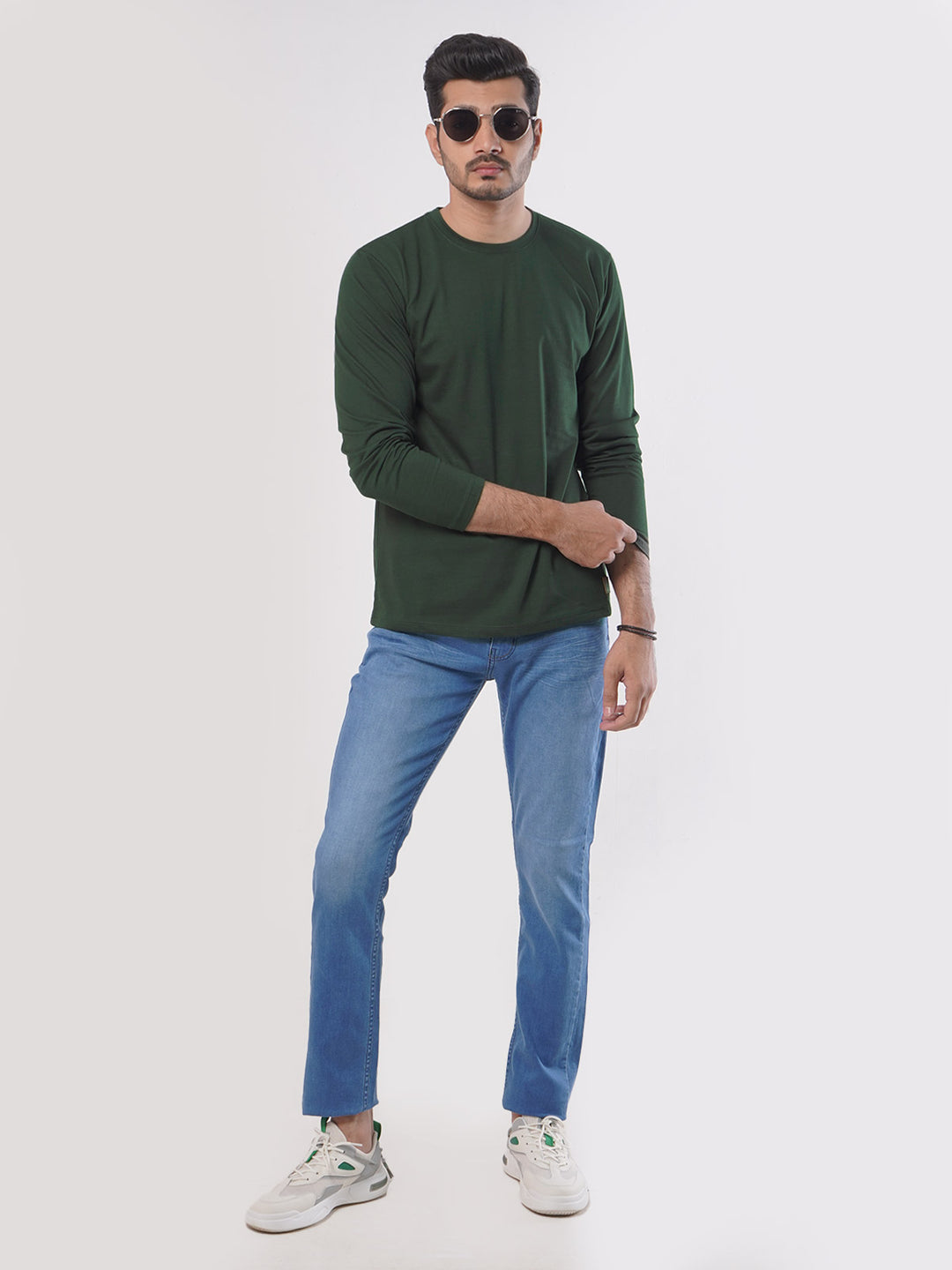 Dark Green Plain Full Sleeves Men’s Round Neck T-Shirt (TEE-81)