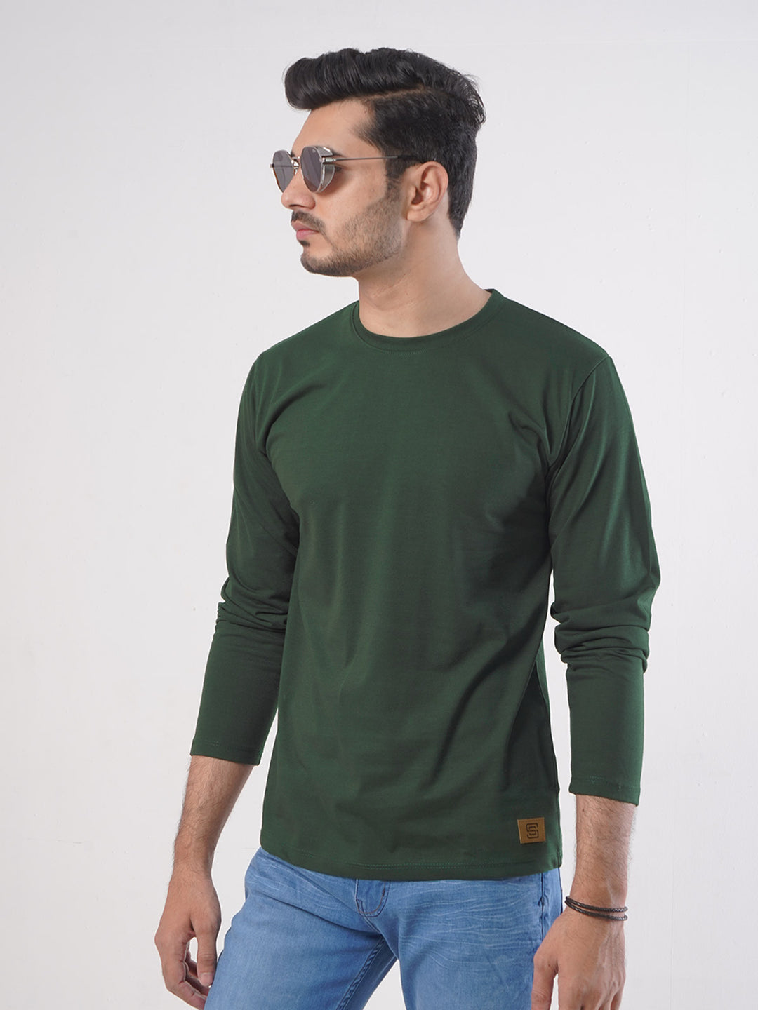 Dark Green Plain Full Sleeves Men’s Round Neck T-Shirt (TEE-81)