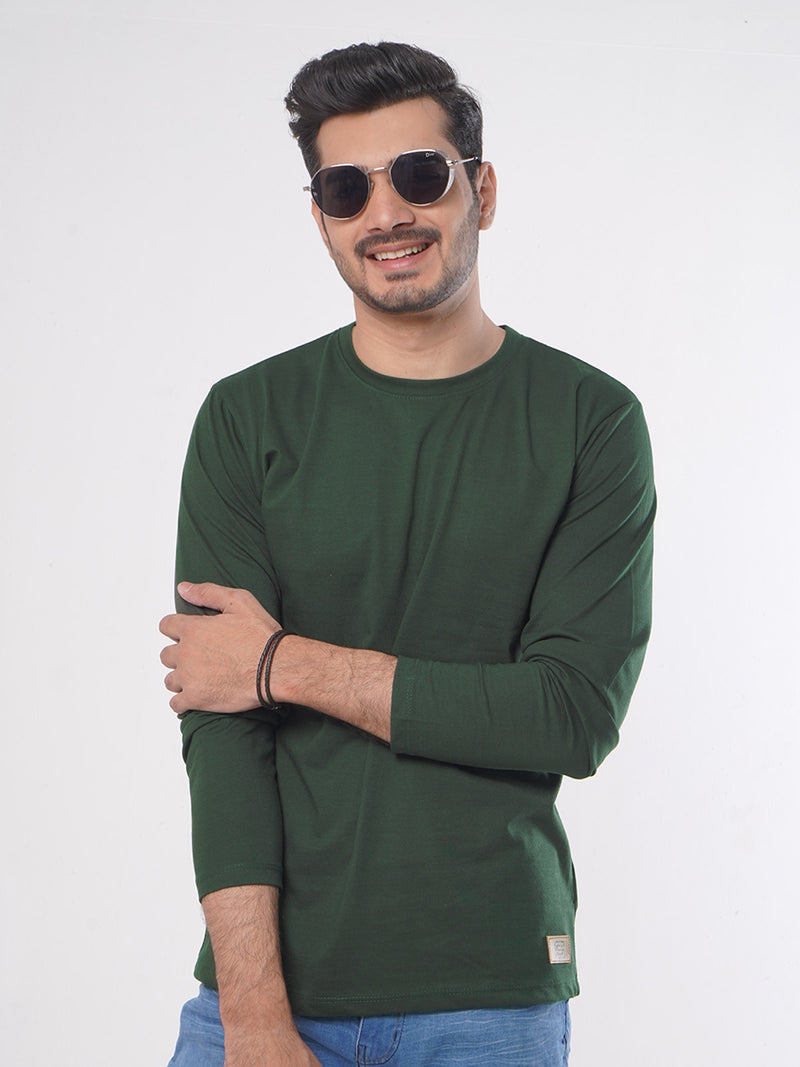 Dark Green Plain Full Sleeves Men’s Round Neck T-Shirt (TEE-81)