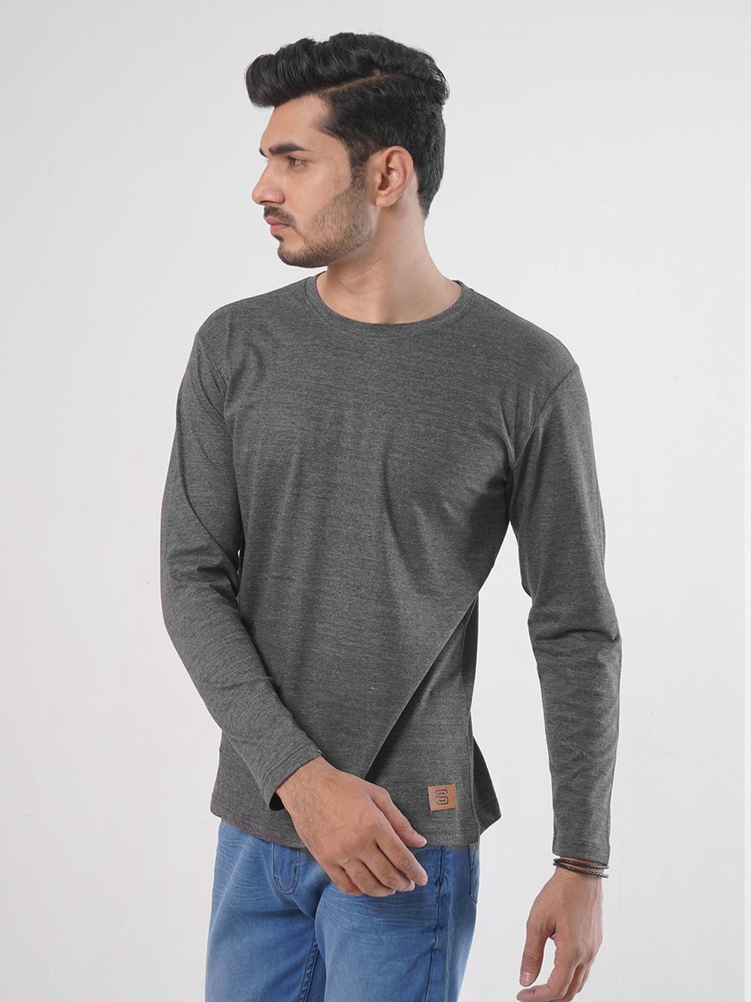 Charcoal Grey Self Full Sleeves Men’s Round Neck T-Shirt (TEE-83)