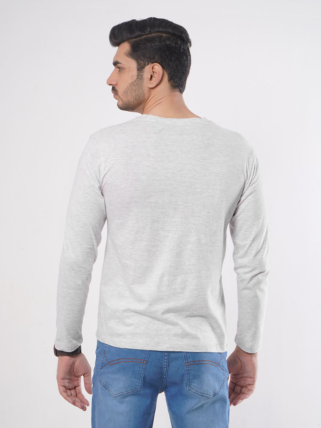 Haider Grey Self Full Sleeves Men’s Round Neck T-Shirt (TEE-82)