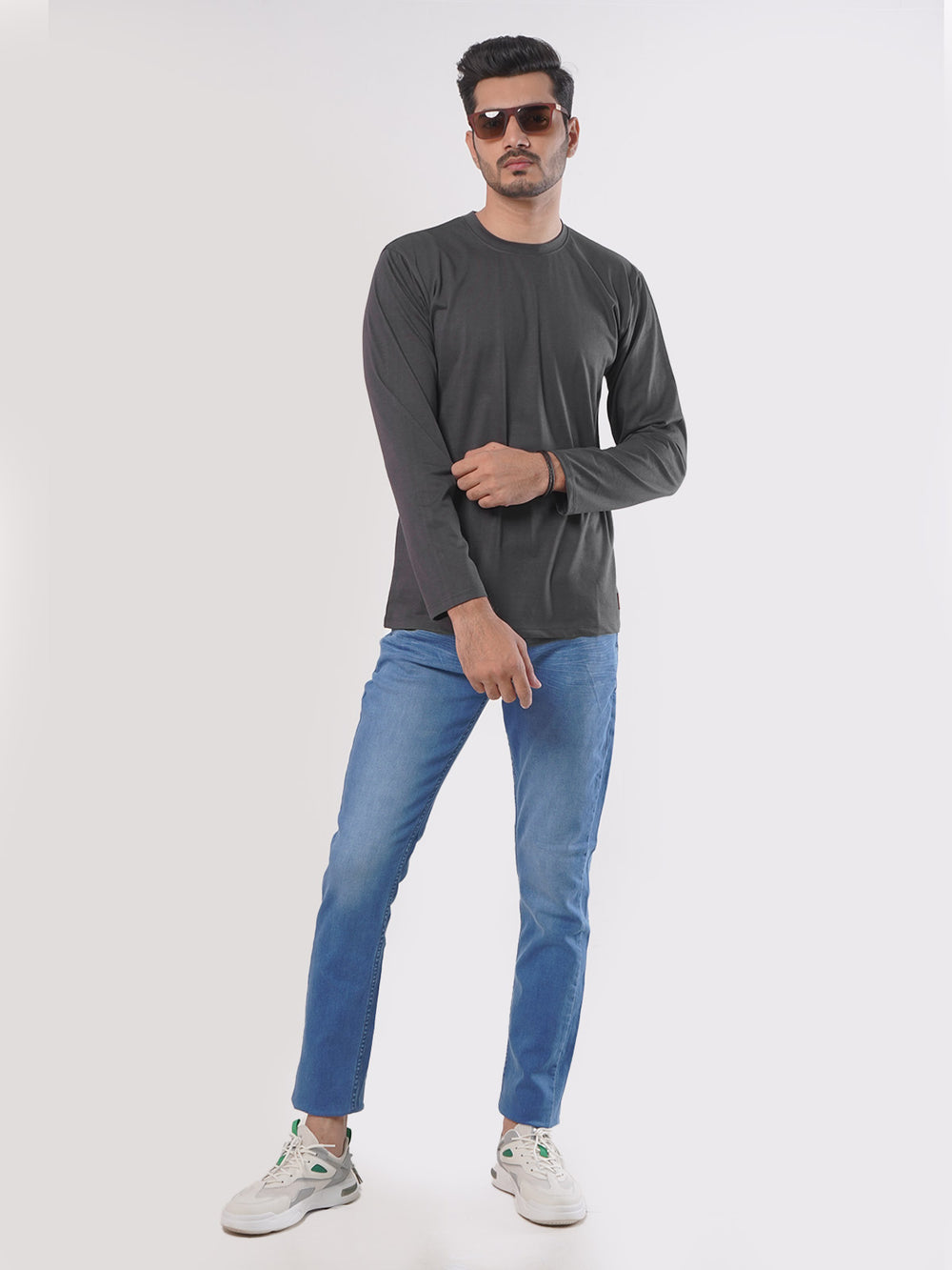 Dark Grey Plain Full Sleeves Men’s Round Neck T-Shirt (TEE-85)