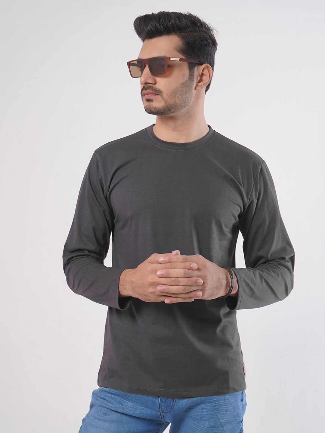 Dark Grey Plain Full Sleeves Men’s Round Neck T-Shirt (TEE-85)