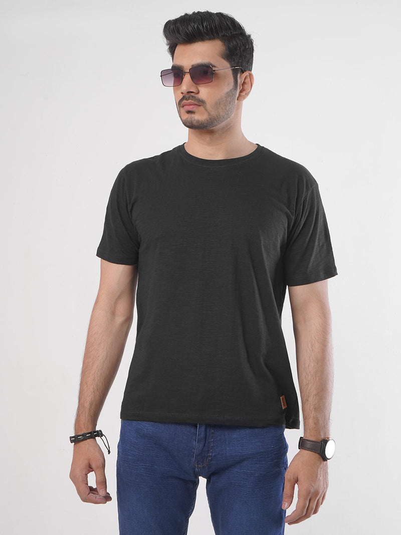 Black Plain Half Sleeves Men’s Round Neck T-Shirt (TEE-86)