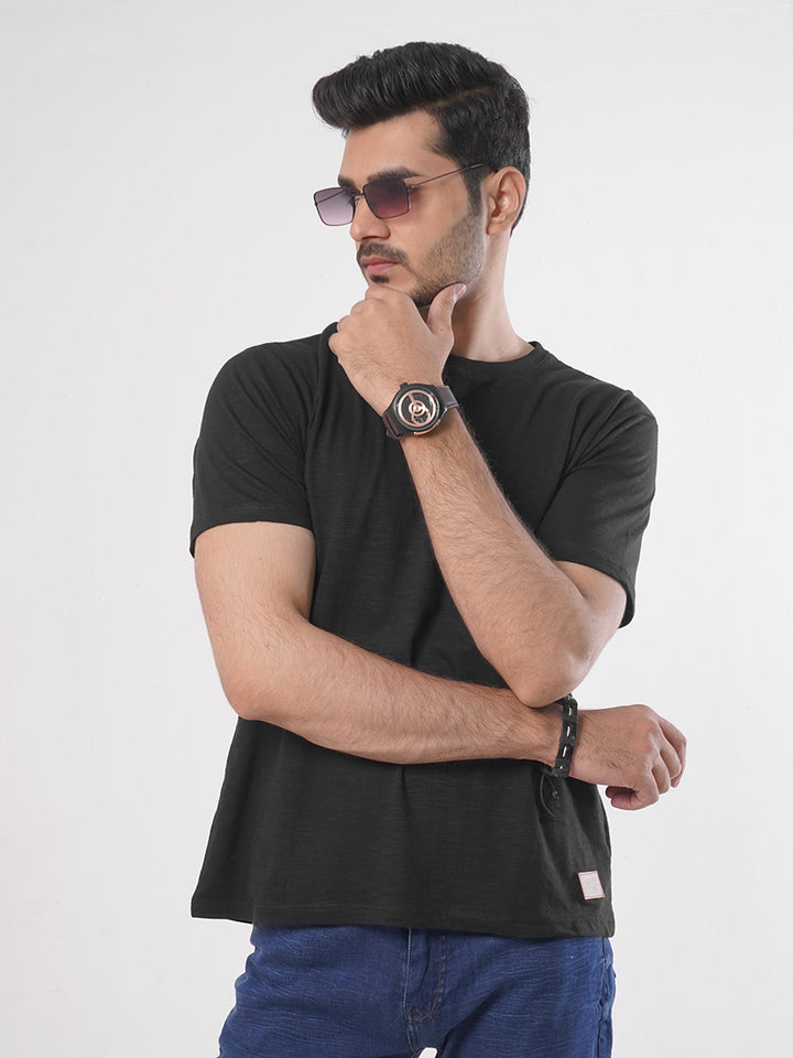 Black Plain Half Sleeves Men’s Round Neck T-Shirt (TEE-86)