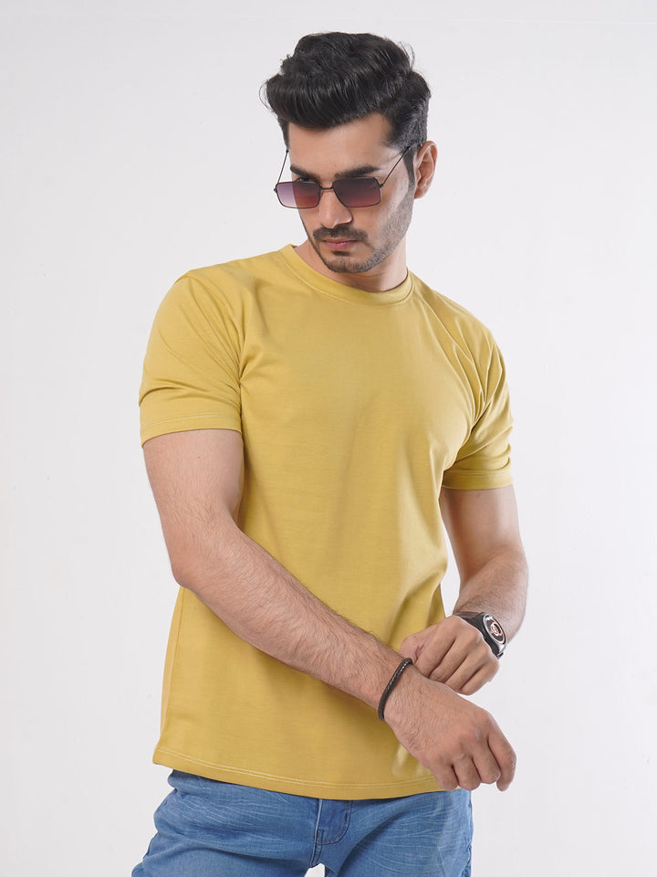 Mustard Plain Half Sleeves Men’s Round Neck T-Shirt (TEE-88)