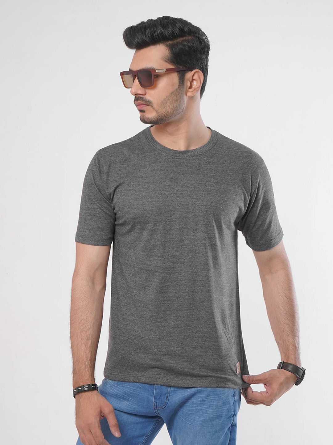 Dark Grey Self Half Sleeves Men’s Round Neck T-Shirt (TEE-94)