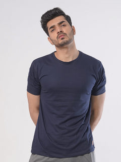 Navy Blue Plain Half Sleeves Men’s Round Neck T-Shirt (TEE-95)