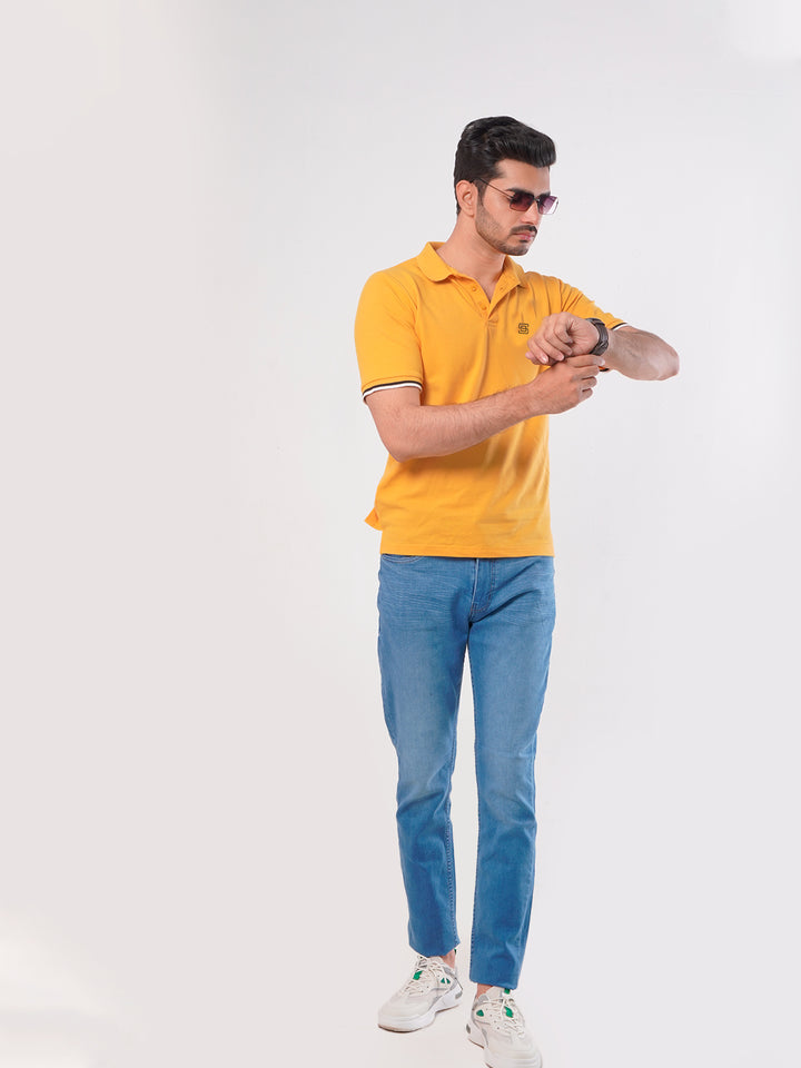 Yellow Plain Twin Contrast Lycra Elastane Half Sleeves Polo T-Shirt (POLO-459)