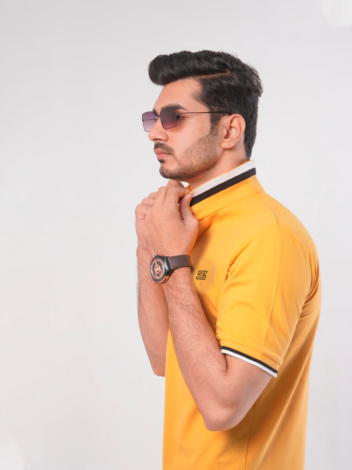 Yellow Plain Twin Contrast Lycra Elastane Half Sleeves Polo T-Shirt (POLO-459)