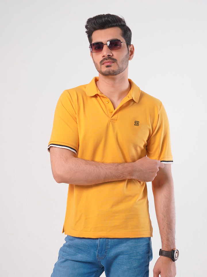 Yellow Plain Twin Contrast Lycra Elastane Half Sleeves Polo T-Shirt (POLO-459)