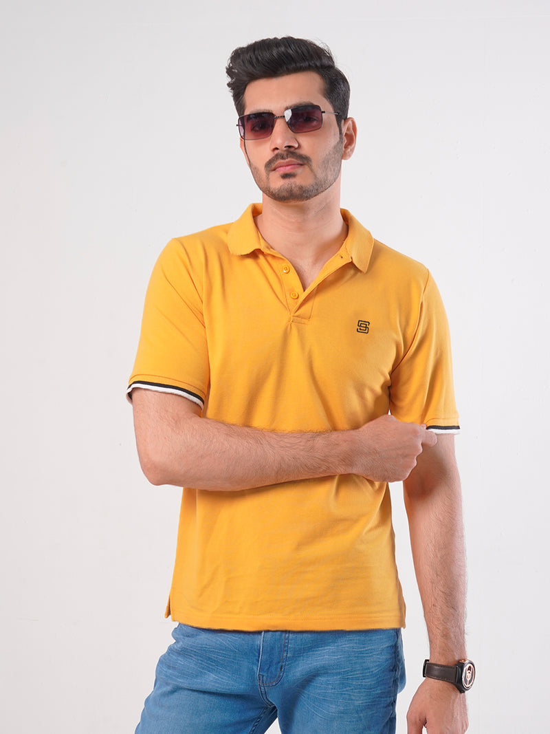 Yellow Plain Twin Contrast Lycra Elastane Half Sleeves Polo T-Shirt (POLO-459)